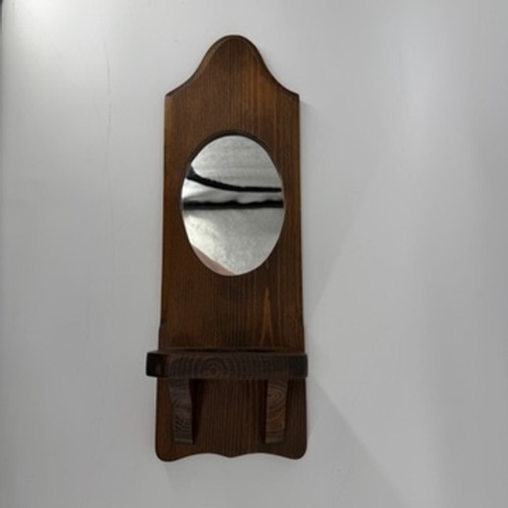 Vintage Rustic Wood Wall Sconce Shelf with Oval Mirror Dark Brown Stained 18in